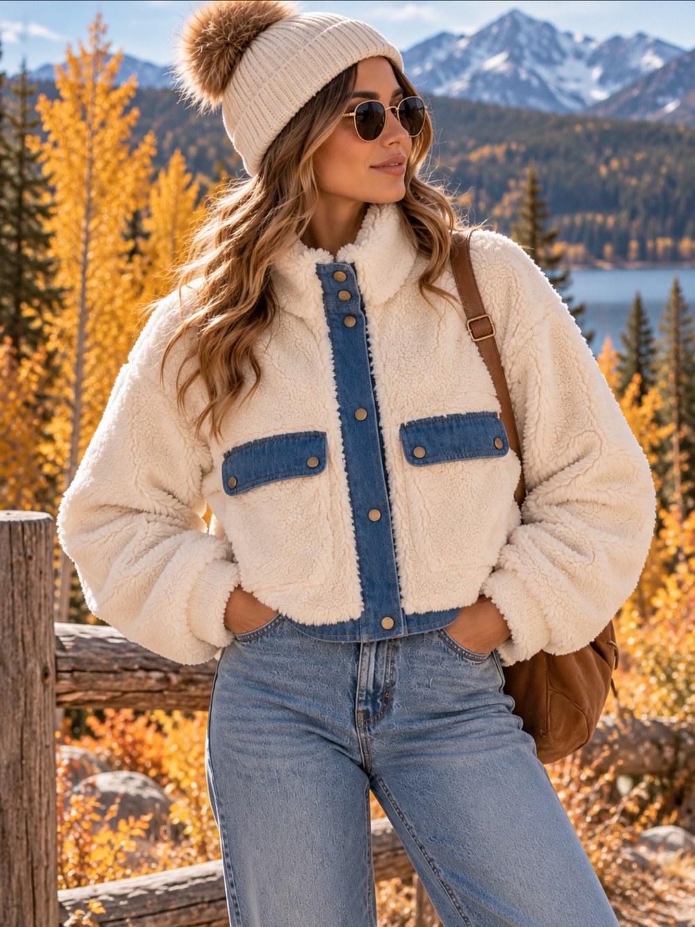 Urban Outfitters Cream Sherpa Jacket with Blue Denim Trim